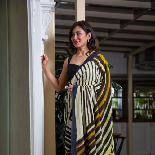 Green & Black Pure Crepe Silk Saree