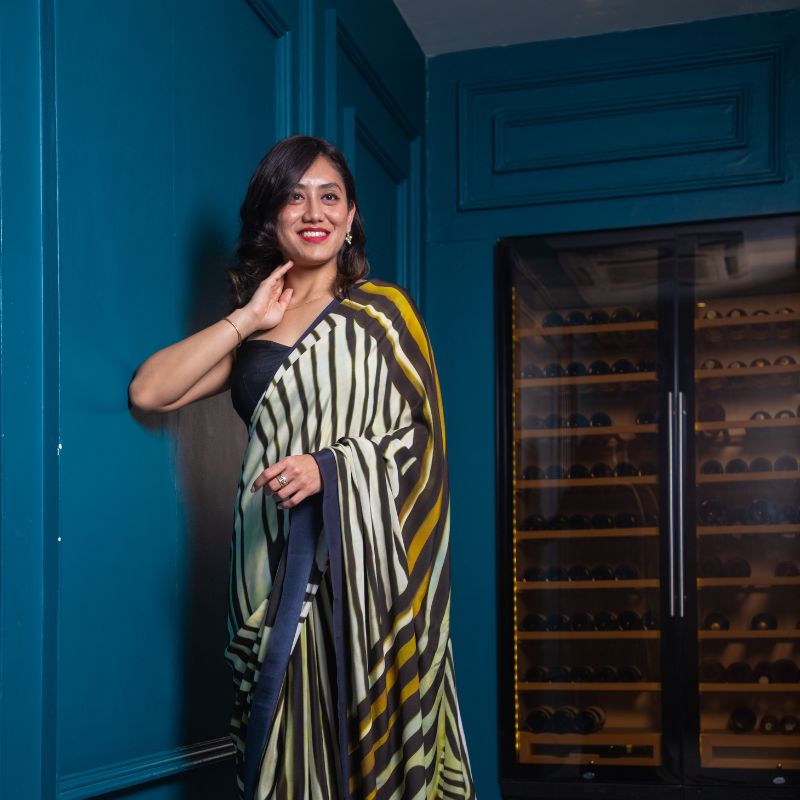 Green & Black Pure Crepe Silk Saree